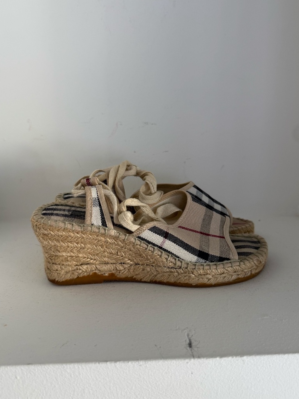 Burberry Nova Check Canvas Wedge Espadrilles in Beige